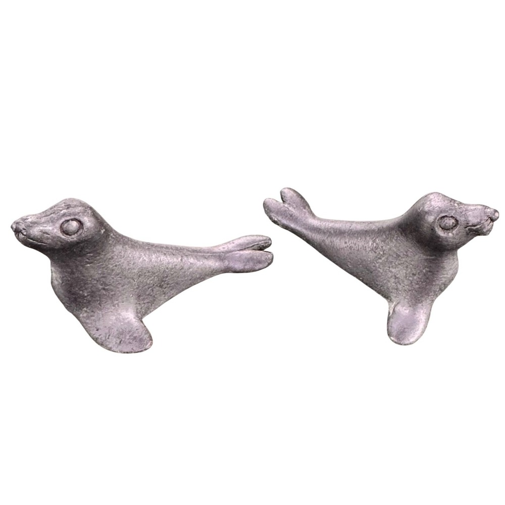 Vintage 1993 Cast Metal Seal Figurines Pair Nautical Coastal Decor Silver Tone‎